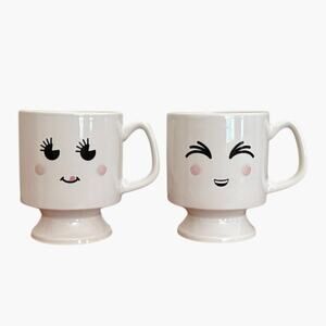 Sparrow & Wren Set Of 2 White Ceramic Cheeky Pedestal Emoji Coffee Mugs